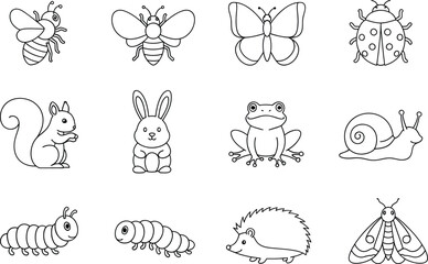 Collection of twelve cute animal and insect line art illustrations for coloring books or icons © Simu Store