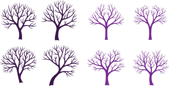 Set of bare purple tree silhouettes without leaves for seasonal changes winter landscape garden design nature conservation environmental projects forest park