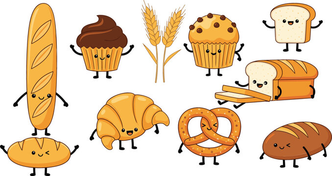 Cute kawaii bakery vector icon set featuring smiling bread loaf, baguette, croissant, pretzel, cupcake, muffin, and wheat stalks for children food design.