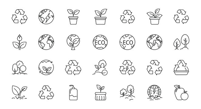 Collection of eco friendly and recycling related line icons in black and white