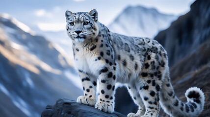Obraz premium Snow leopard endangered wild cat species living in Himalayan mountain range threatened by habitat loss poaching and climate change