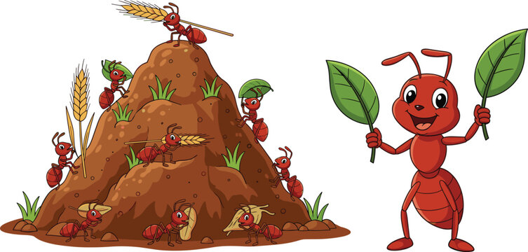 Cute Ant Colony Cartoon Illustration with Anthill Wheat Leaves and Happy Red Ant Character Vector Set
