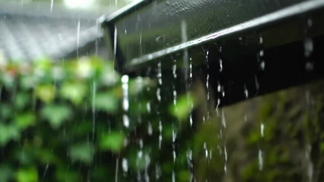 Puddle Splash Effect Water drops from eaves hitting a small puddle or reflective surface below, creating elegant ripples and subtle splashes.