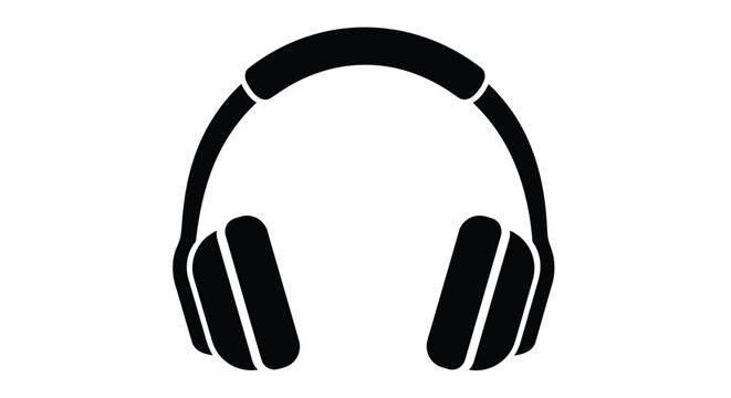Simple black and white graphic icon representing over ear stereo headphones perfect for music audio communication technology concepts or podcasting