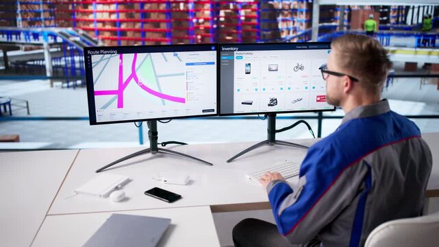 Man Using Route Planning And Fleet Management Sofware