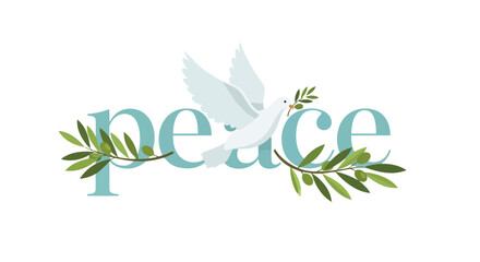 Obraz premium A serene graphic illustration of a white dove in graceful flight, holding a fresh olive branch, elegantly integrated with the tranquil blue