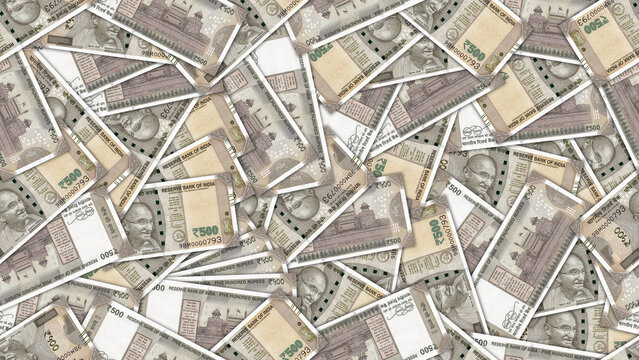 Seamless pattern. Financial illustration. Many scattered Indian 500 rupee banknotes. Obverse and reverse. Money of Republic of India. Five hundred rupees. Economic texture. Wallpaper or background