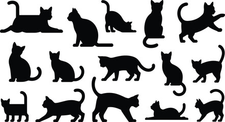 Silhouettes of fifteen cats in diverse postures, sitting, standing, walking, stretching, crouching, and lying down, feline body language illustration for design, art, and lifestyle use © MSTNASRIN