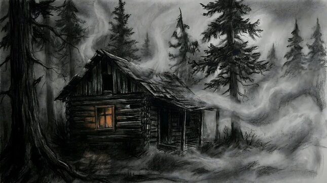Mysterious Log Cabin in Foggy Pine Forest Sketch, Abandoned Shack with Glowing Window, Dark Woods Grayscale Illustration