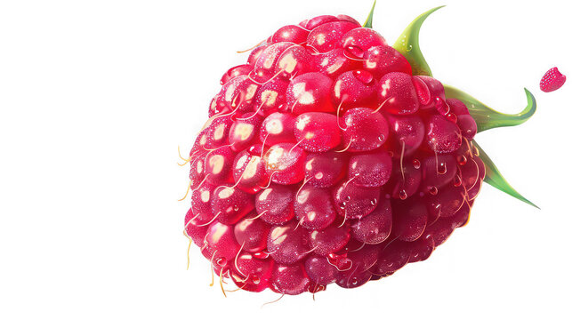 Juicy ripe red raspberry fruit glistening with fresh water droplets isolated against a deep black background showcasing extreme macro texture and vibrant color
