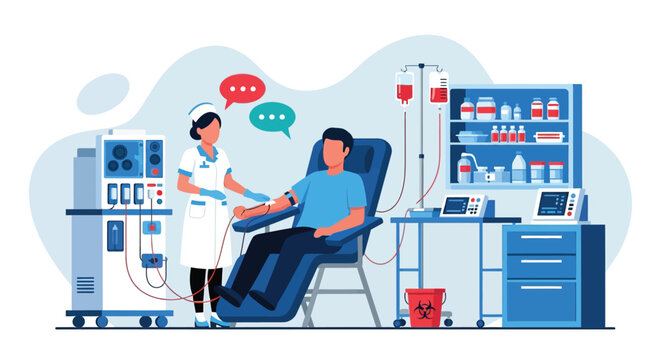 Illustration of a patient receiving dialysis in a medical setting. A nurse assists, with equipment and supply shelves nearby, conveying a calm, clinical tone.