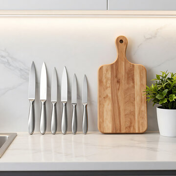 Set of kitchen knives and wooden cutting board on white marble countertop with green plant