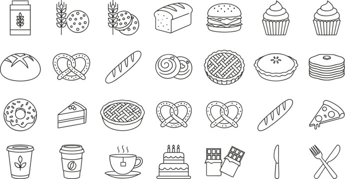 Bakery and cafe line icons set featuring bread donut cupcake coffee cake pastry