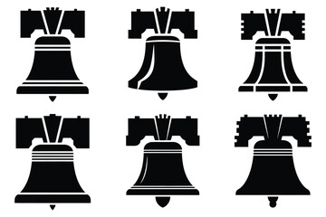 Liberty Bell icon set in silhouette style isolated on white background representing historical American symbols, independence day, patriotic landmarks © Oscar N. Erwin