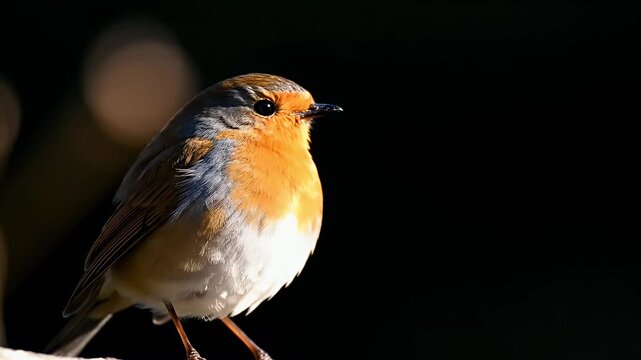European Robin bird brightly illuminated against dark natural background