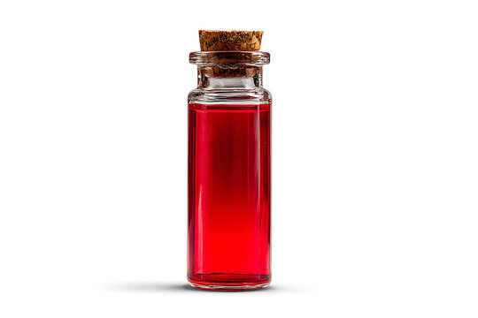Small glass bottle with red liquid.