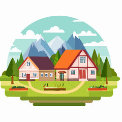 Naklejka premium Charming Village Scene with Cozy Houses and Mountain Backdrop