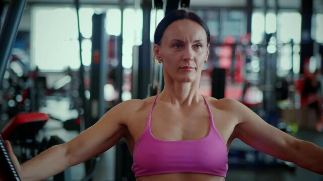 Fit woman performing a cable rope face pull exercise in a modern gym, focused on her upper back and shoulder workout. Intense focus on strength training: woman in pink sports bra executing a controlle