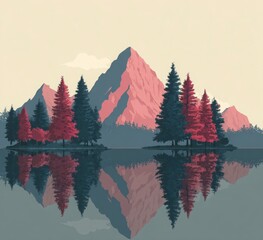 Majestic mountains reflected in a serene, mirror-like lake surrounded by tall pine trees
