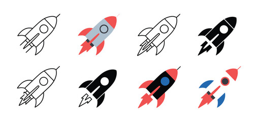 Rocket launch and startup icon set illustrating spaceship symbols, line and flat styles, business development © Oscar N. Erwin
