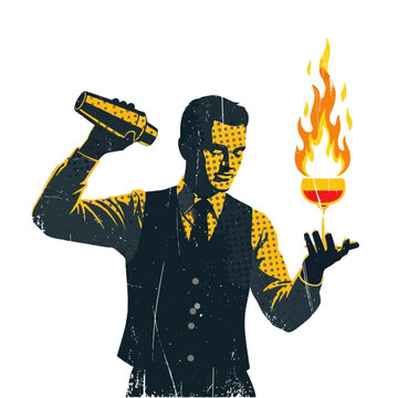 Bartender shaking cocktail with flaming glass