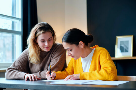 Caucasian young adult woman assisting Hispanic young adult woman writing on paper at desk, both focused on studying together in modern room with window and framed picture in background