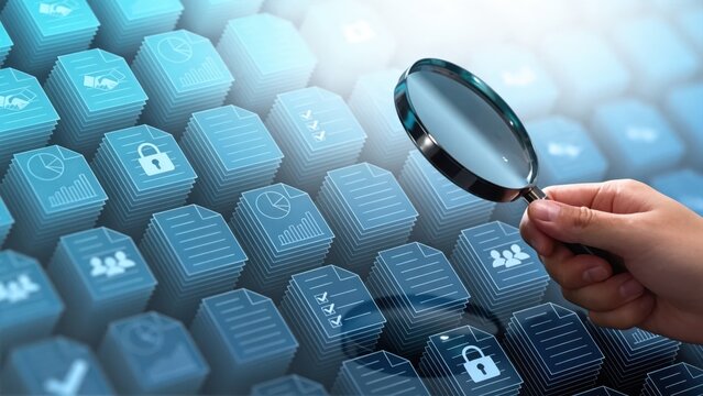 Magnifying glass over digital document stacks with security icons,concept of data audit,information search,compliance and cybersecurity protection