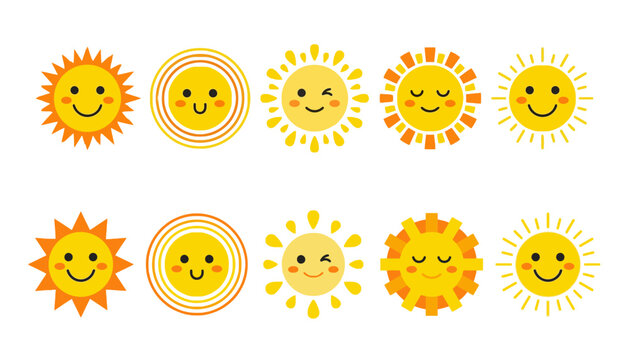 Collection of ten cheerful and friendly cartoon sun characters with varying ray designs and happy expressions smiling icon illustration drawing weather sunshine summer bright