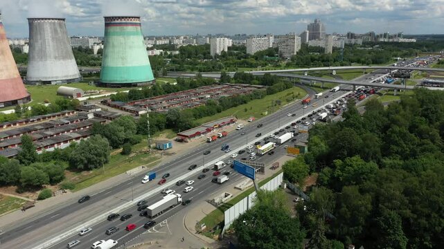 Aerial view of MKAD and cooling towers