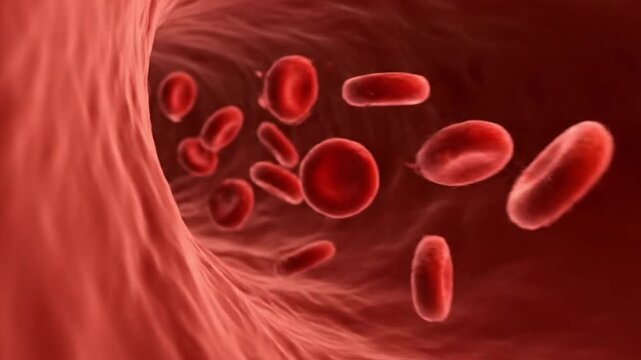 Ultra realistic medical visualization of red blood cells drifting through bloodstream tunnel extreme close up macro perspective realistic hematology simulation biconcave erythrocytes rotating and pass