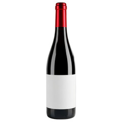 A wine bottle with a blank white label and red foil top is standing upright isolated on transparent background