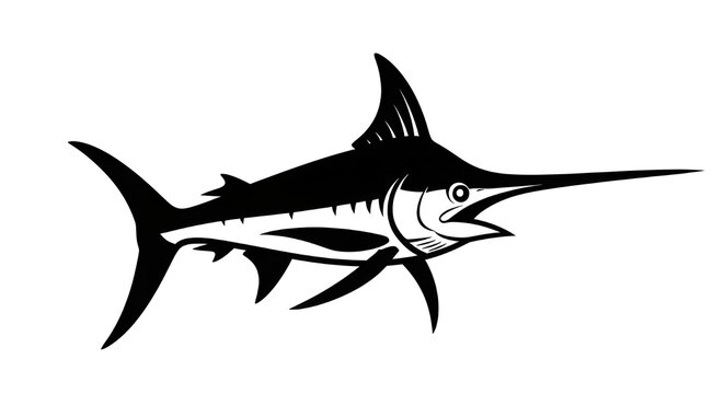 Powerful black and white marlin or swordfish illustration in a dynamic pose. Sport fishing vector icon isolated on white.