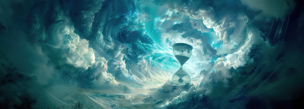 striking hourglass suspended in a swirling vortex of clouds, symbolizing the relentless passage of time and its profound influence on destiny.