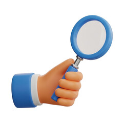 A 3d cartoon hand holding a blue magnifying glass isolated on transparent background