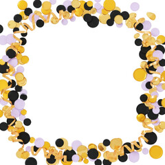 Colorful confetti border with black, gold, and purple decorations isolated on transparent background