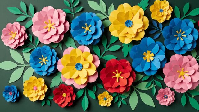 Colorful paper flowers and green leaves on dark background