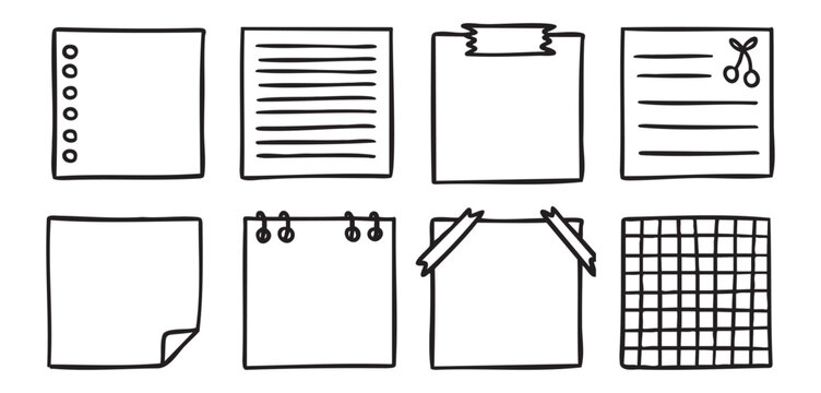 Sticky note paper squares for school planner, doodle set, playful stationery, hand drawn Monochrome line art outline, clean contour style, hand drawn.