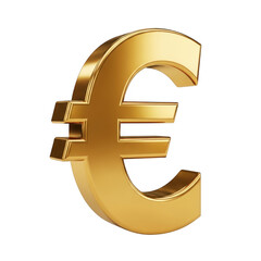 Golden euro symbol in 3d with shiny metallic surface isolated on transparent background