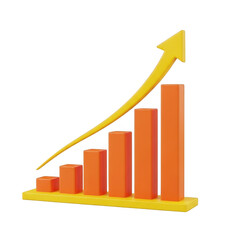 3d orange bar graph with yellow arrow on transparent background showing growth trend