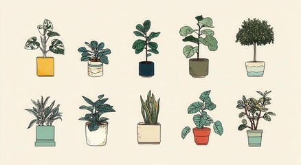 A diverse collection of potted plants arranged in a grid pattern