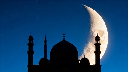 Islamic mosque silhouette positioned before giant bright crescent moon on clear starry night background © S.DESIGN