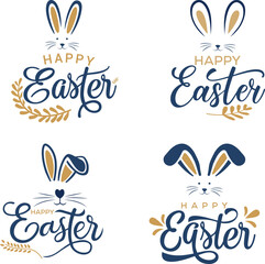 Happy Easter vector lettering set with bunny ears whiskers and gold floral elements for spring holiday greeting cards and decorations.