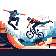 Naklejka premium Skateboarder and BMX rider performing extreme stunts in a skatepark with cityscape background