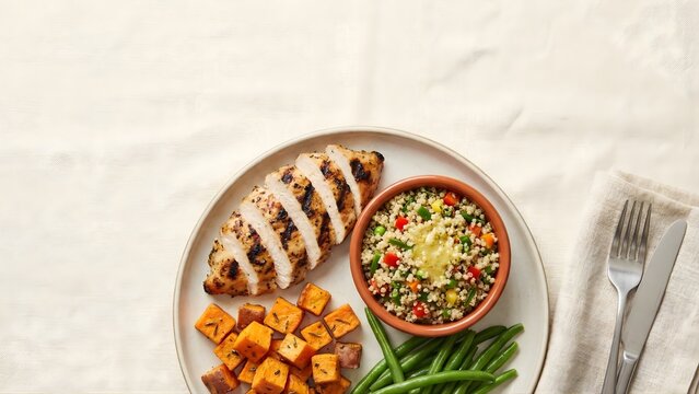 Realistic flat lay image of a plant-based healthy lunch on a neutral beige linen background, including a Buddha bowl with roasted sweet potatoes, chickpeas, brown rice, kale, shredded carrots, and tah
