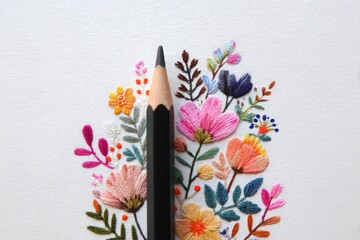 Vibrant floral embroidery on a white background with a black scissor