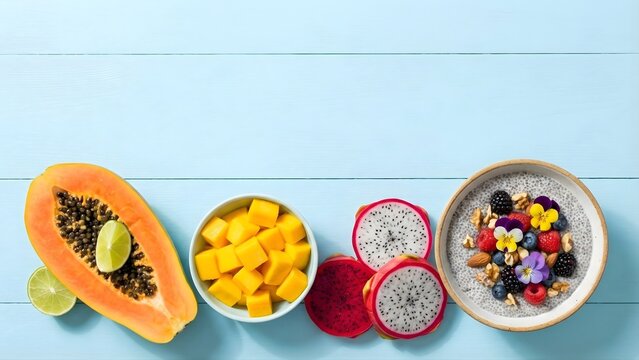 Realistic flat lay scene of a colorful fruit breakfast spread on a pastel blue surface, including sliced papaya, mango cubes, dragon fruit, and a bowl of chia pudding