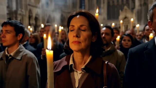 Parishioners with burning candles at a church service.