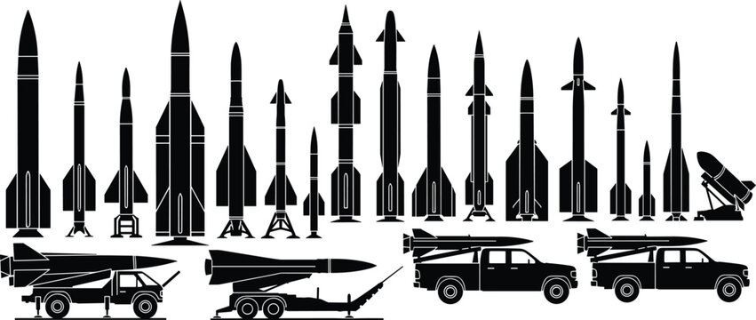 Rocket and missile silhouette collection, military ballistic weapons and space launch vehicles with transport trucks, vector illustration isolated on white background