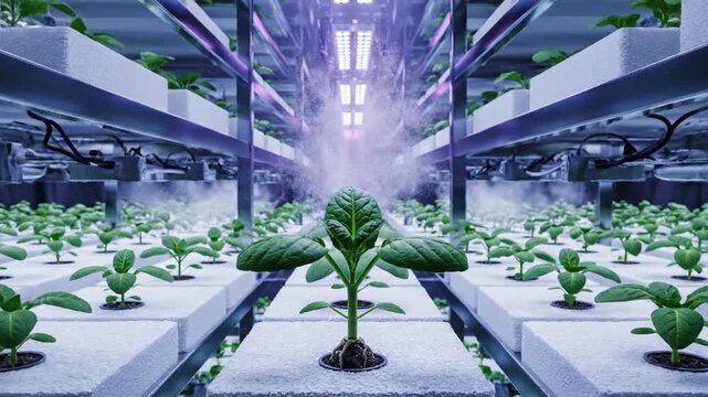 A single seed sprouts in a futuristic indoor vertical farm under purple lights.