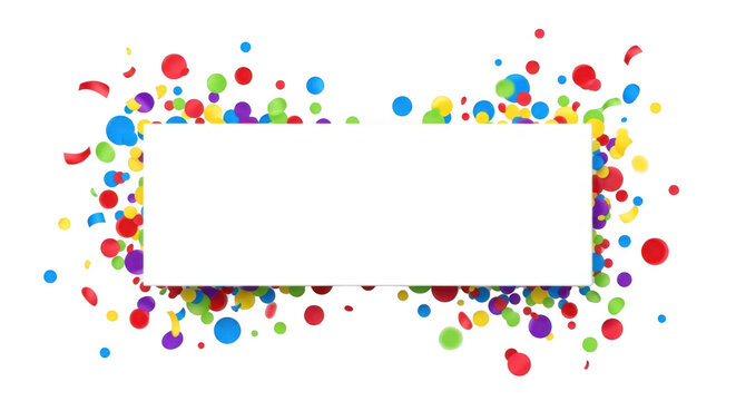 Festive colorful confetti and streamers framing a blank white space for text